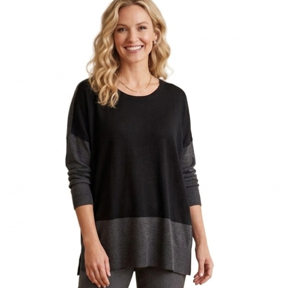 Eileen Fisher Colorblock Knit Oversized Tunic Oversized Knit Sweater L BlackGrey